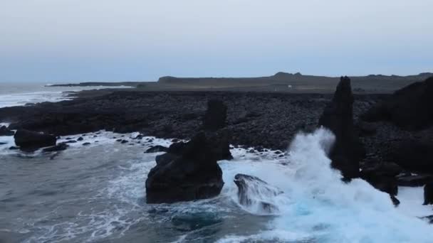 Aerial Magnificent Seascape South Coast Iceland Waves Crashing Black Rocks — Stok video