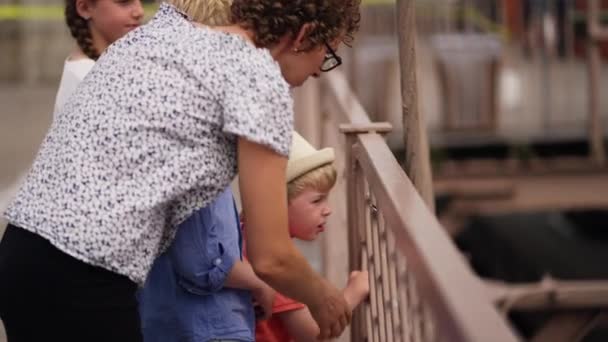Close Mother Her Three Kids Enjoying View Brooklyn Bridgee Popular — Αρχείο Βίντεο
