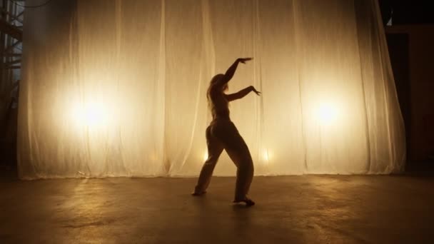 Silhouette Professional Dancer Performing Studio Soft Warm Lighting Graceful Young — Stockvideo