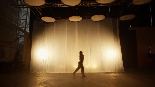 Silhouette Professional Dancer Performing Studio Soft Warm Lighting Graceful Young — Stockvideo