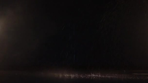 Water Drops Falling Floor Dark Empty Studio Imitating Rain Shower — Vídeo de Stock