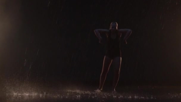 Sensual Young Woman Dancer Performing Rain Dark Studio Black Backdrop — Vídeos de Stock