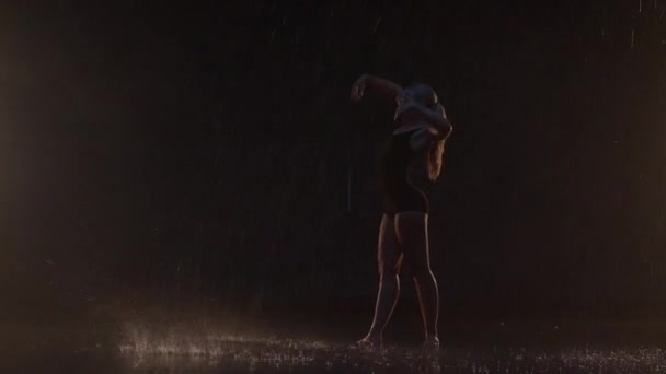 Sensual Young Woman Dancer Performing Rain Dark Studio Black Backdrop — Stockvideo