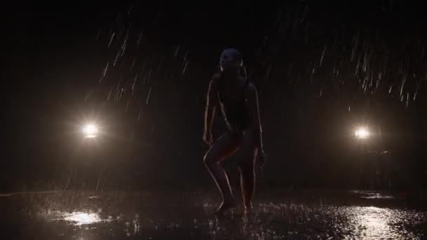 Sensual Young Woman Dancer Performing Rain Dark Studio Black Backdrop — Vídeos de Stock