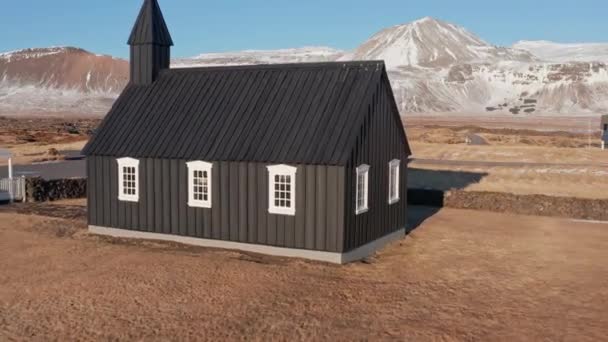 Wide Drone Flight Black Church Budakirkja Landscape Budir Snaefellsnes Peninsula — Stock video