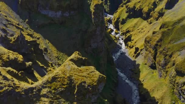 Aerial View Majestic Mulagljufur Canyon Waterfall River Stream Snow Capped — Stock Video