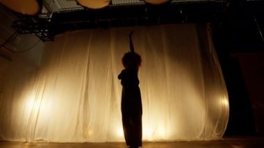 Profesyonel Dansçı Sahne Perdesine Karşı Stüdyoda Sahne Arkası Yumuşak Işıklı. Afro-Amerikan Kadın Afro-Saç Stili Parlayan Işıklarda Dans. Yavaş Hareket Dolly Shot