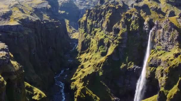 Aerial View Majestic Mulagljufur Canyon Waterfall River Stream Bottom Unique — Stock Video