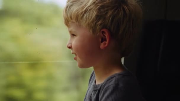 Närbild Handhållen Skott Ung Pojke Tittar Tåget Fönstret Den Passerande — Stockvideo