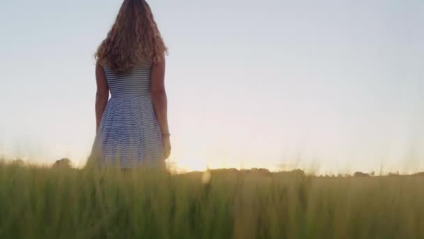 Slow Motion Medium Tracking Shot Της Γυναίκας Ριγέ Φόρεμα Περπατώντας — Αρχείο Βίντεο