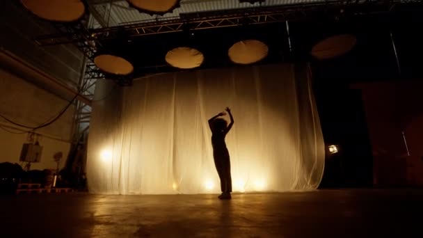 Profesyonel Dansçı Sahne Perdesine Karşı Stüdyoda Sahne Arkası Yumuşak Işıklı — Stok video