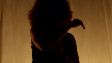Profesyonel Dansçı Sahne Perdesine Karşı Stüdyoda Sahne Arkası Yumuşak Işıklı. Afro-Amerikan Kadın Afro-Saç Stili Parlayan Işıklarda Dans. Yavaş Hareket Yakın Çekim