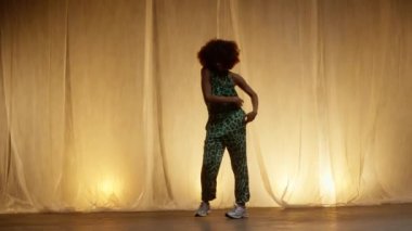 Profesyonel Dansçı Sahne Perdesine Karşı Stüdyoda Sahne Arkası Yumuşak Işıklı. Afro-Amerikan Kadın Afro-Saç Stili Parlayan Işıklarda Dans. Yavaş Hareket Doli Çekim
