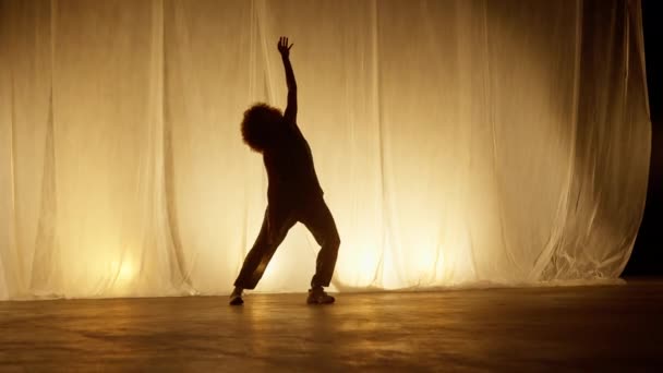 Dançarino Profissional Realizando Estúdio Contra Cortina Palco Com Soft Warm — Vídeo de Stock