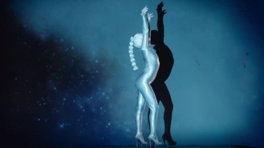 Esnek Kadın Akrobat Parlak Kıyafet Giyiyor ve Yüksek Topuklular Yıldız Alanına Karşı Sahnede Sahne alıyor. İnanılmaz Bir Performansın Gizemli Atmosferi. Sabit Çekim