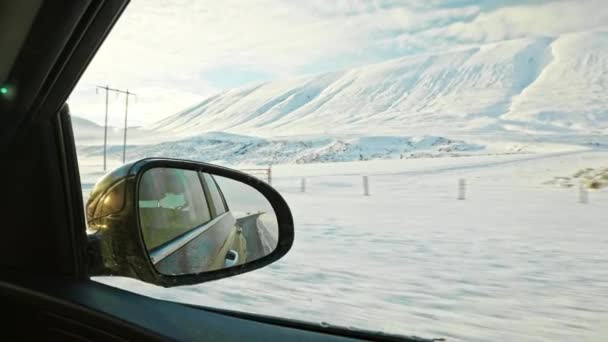Medium Handheld Point View Shot Vehicle Driving Passed Snow Covered — Stock Video