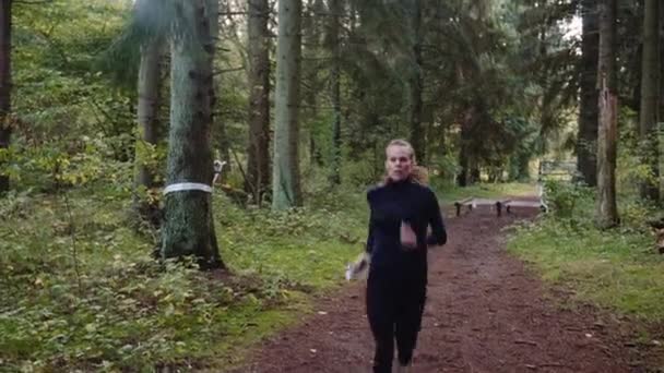 女运动员沿着晨光森林向前跑 她停在摄像机前检查方向 然后继续跑 摄影机绕着女人转 — 图库视频影像