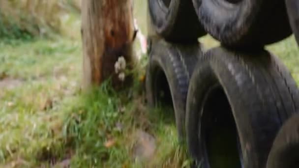 一名女运动员腿的特写爬上铁丝墙爬上森林 倾斜向上射击 — 图库视频影像