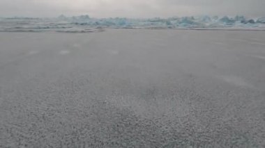 Grönland 'ın kıyı şeridinde, buzun ve denizin üzerinde geniş çaplı Gopro Drone uçuşu.