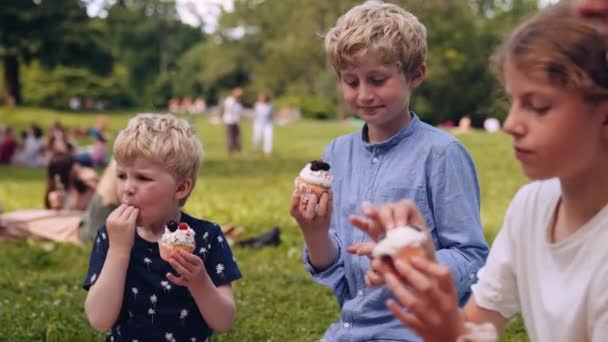 Tre Bambini Che Godono Picnic Nel Parco Sorella Con Due — Video Stock