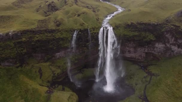 Vista Aérea Majestosa Cachoeira Seljalandsfoss Água Cai Com Energia Impressionante — Vídeo de Stock