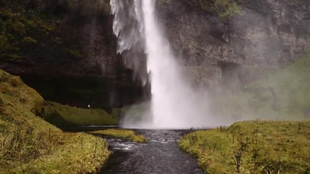雄伟的塞尔贾兰和福斯瀑布 冰岛高地令人惊叹的风景 水落石出与动力 慢动作倾斜向上射击 — 图库视频影像