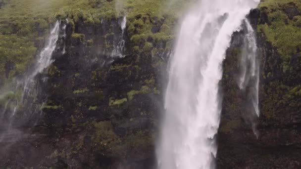 雄大なSeljalandsfossの滝の上の景色 アイスランドのハイランド地方の絶景 水は力で落ちる スローモーション静的ショット — ストック動画