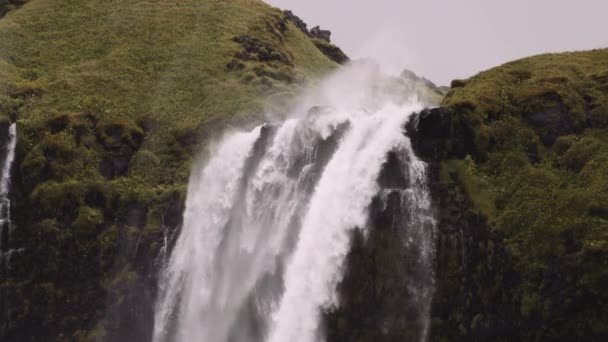 雄大なSeljalandsfossの滝の上の景色 アイスランドのハイランド地方の絶景 水は力で落ちる スローモーション静的ショット — ストック動画