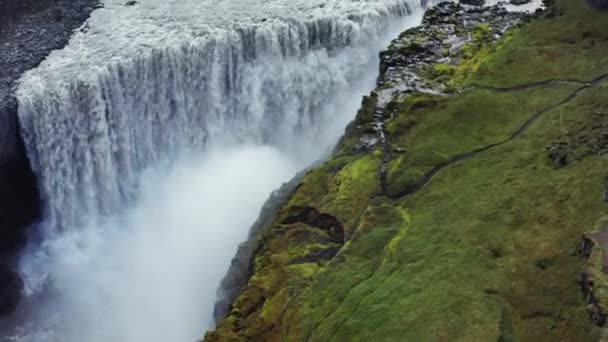 Drone Flight Ice Snow Dettifoss Waterfall Vatnajokull National Park Iceland — стокове відео