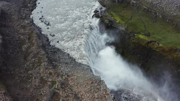 Overhead Drone Flight Dettifoss Waterfall Vatnajokull National Park Island — Stockvideo