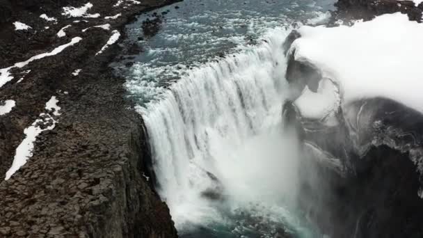 Arcing Drone Flight Dettifoss Waterfall Vatnajokull National Park Iceland — стокове відео