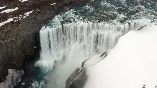 Wide Drone Arcing Dettifoss Waterfall Vatnajokull National Park Iceland — стокове відео