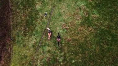 Yeşil Çimenli Çiftlik boyunca Atlara Binen İki Bayanın Havası. Önlerinde Koşan Köpek 'ten sonra dört nala koşan atlar. Tepeden tırnağa. Kamera Onları İzler