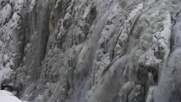 Wide Drone Panning Frozen Gullfoss Golden Falls Waterfall Canyon River — Stock video