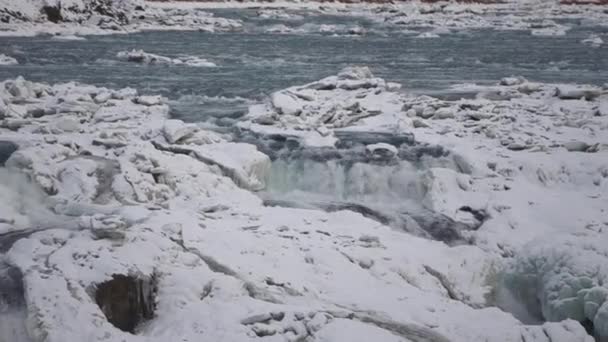 Ampio Drone Panning Congelati Gullfoss Golden Falls Una Cascata Nel — Video Stock