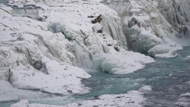 Wide Drone Panning Frozen Gullfoss Χρυσοί Καταρράκτες Καταρράκτης Στο Canyon — Αρχείο Βίντεο