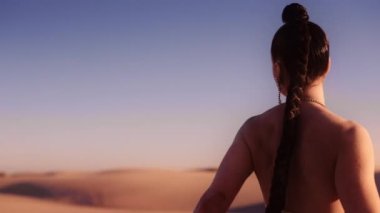 Gümüş bikini giyen ve çölde dönüşen genç bir kadının orta ölçekli yavaş çekim görüntüsü.