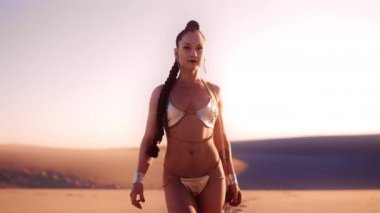 Gümüş Bikini giymiş genç bir kadının çölde yürüyüp kameraya baktığı orta ölçekli yavaş çekim.