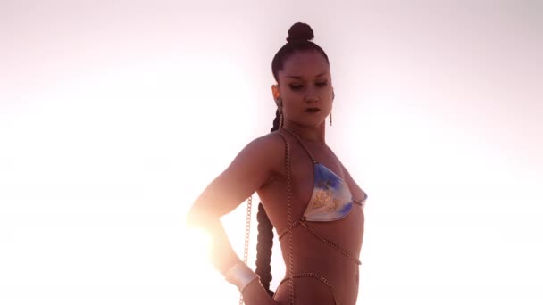 Medium Slow Motion Shot Young Woman Silver Bikini Top Long — Stock Video