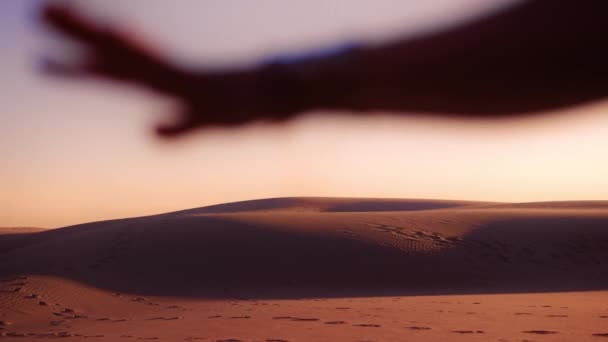 中スローモーションは砂漠の中を歩く銀のトングで若い女性を撮影しました — ストック動画