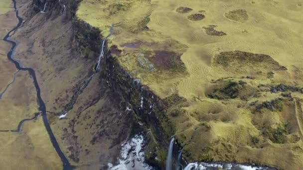 Wide Slow Motion Drone Flight Landscape Rivers Seljalandsfoss Waterfall Iceland — Stock Video