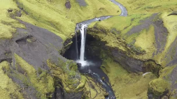 アイスランドの谷にあるSeljalandsfoss滝の上に広いドローン飛行 — ストック動画