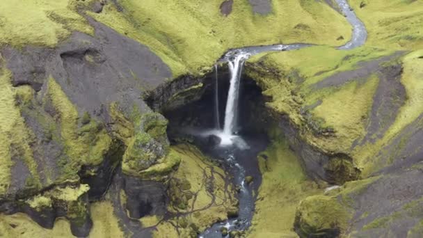 アイスランドの谷にあるSeljalandsfoss滝の上に広いドローン飛行 — ストック動画
