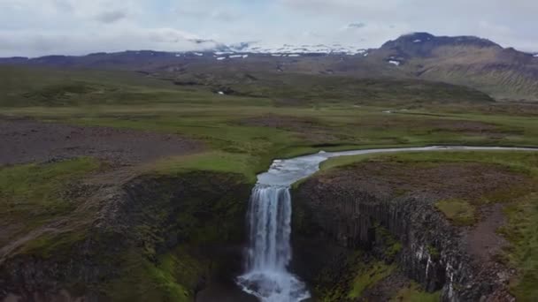 Drone Shot Przechyla Się Dół Strumienia Płynącego Wodospadu Trawiastym Krajobrazie — Wideo stockowe