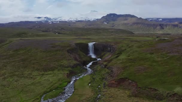 Vuelo Aviones Tripulados Hacia Cascada Paisaje Cubierto Hierba Islandia — Vídeos de Stock