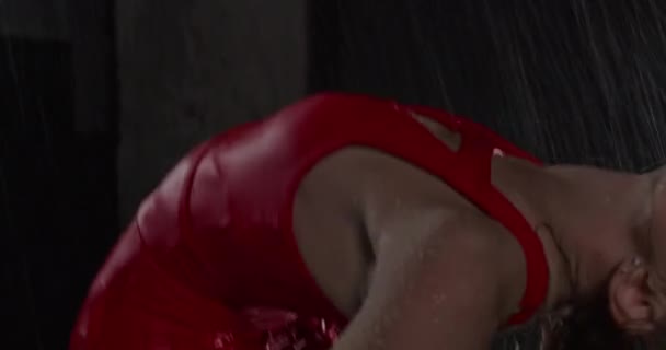 Close Tempting Young Woman Dancer Red Dress Performing Rain Dark — Stock Video