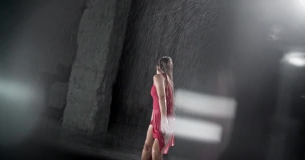 Tempting Young Woman Dancer Red Dress Performing Rain Dark Studio — Vídeos de Stock