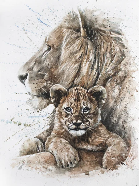 Lukisan Singa Ayah Dan Anak Cat Air — Stok Foto
