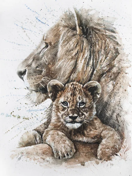 Lion Dad Son Watercolor Painting — Stock Fotó