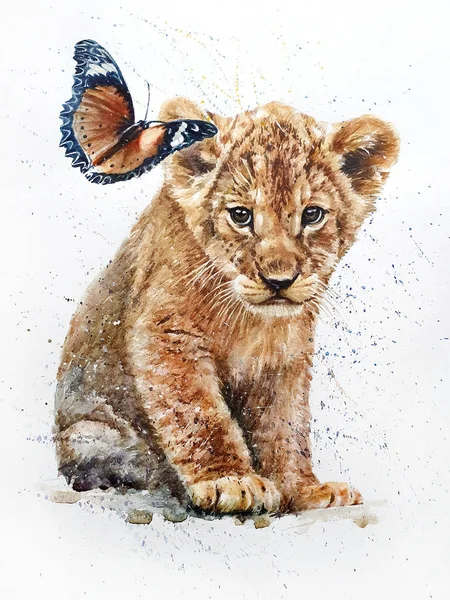 Lukisan Cat Air Singa Dan Kupu Kupu — Stok Foto
